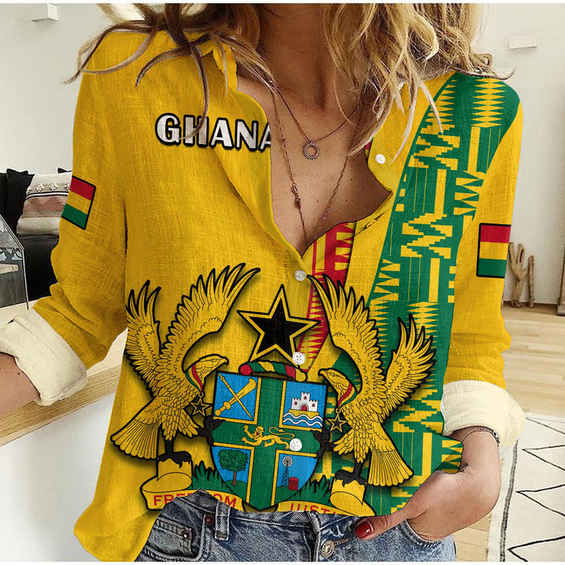 (Custom Personalised) Ghana Ghanan Coat Of Arms Mix Kente Pattern Women Casual Shirt