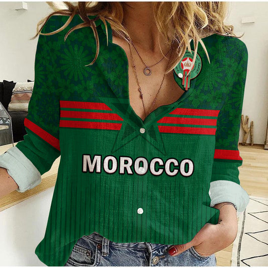 (Custom Text And Number) Morocco Football World Cup 2022 Green Moroccan Pattern Women Casual Shirt