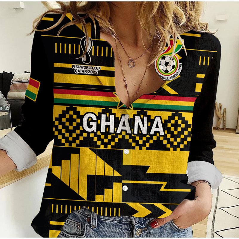 (Custom Text And Number) Ghana Football Black Stars Kente World Cup 2022 Yellow Women Casual Shirt