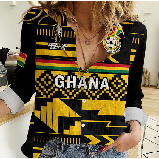(Custom Text And Number) Ghana Football Black Stars Kente World Cup 2022 Yellow Women Casual Shirt