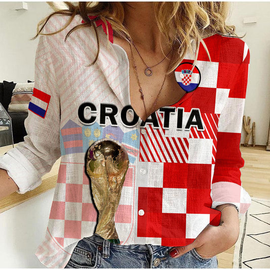 (Custom Text And Number) Croatia Football Hrvatska Checkerboard Champions WC 2022 Women Casual Shirt