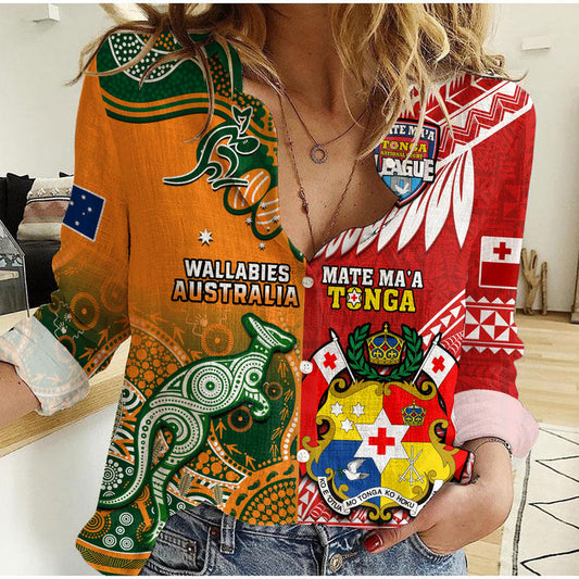 (Custom Personalised) Mate Maa Tonga And Wallabies Rugby Polynesian Mix Aboriginal Women Casual Shirt