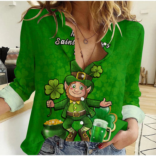 (Custom Personalised) Ireland Saint Patricks Day Happy Leprechaun And Shamrock Women Casual Shirt