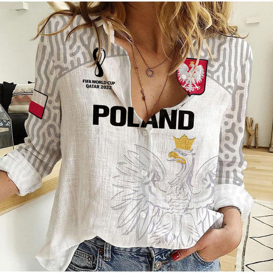 (Custom Text And Number) Poland Football Polska World Cup 2022 White Women Casual Shirt