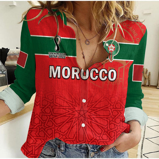 (Custom Text and Number) Morocco Football Atlas Lions Red World Cup 2022 Women Casual Shirt