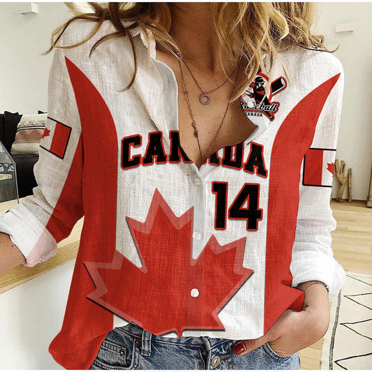 (Custom Text And Number) Canada Baseball 2023 Canadian Maple Leaf Sporty Women Casual Shirt