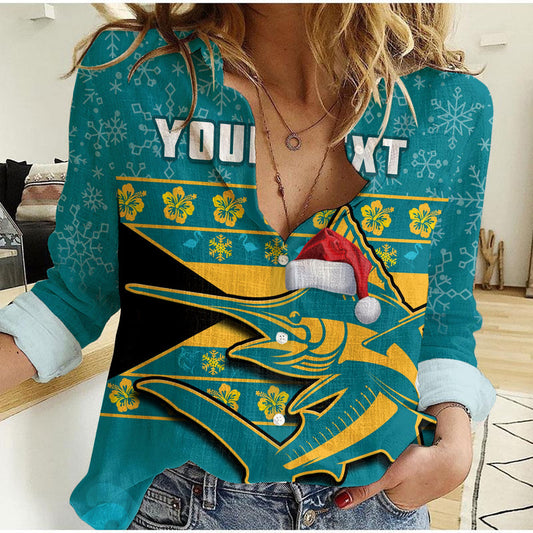(Custom Personalised) Bahamas Bahamian Blue Marlin Merry Christmas Women Casual Shirt