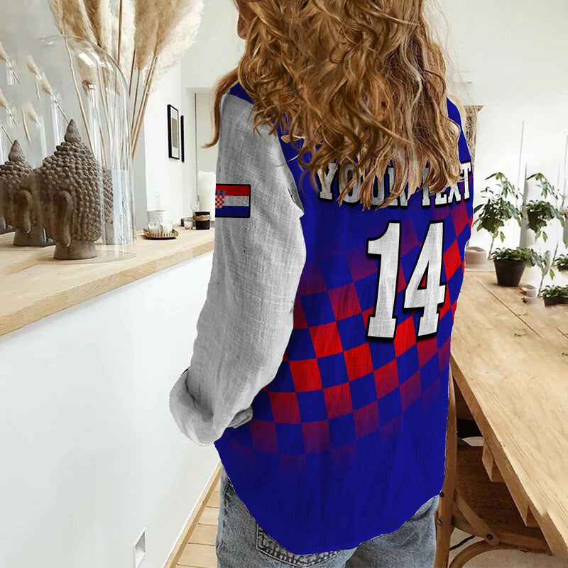 (Custom Text And Number) Croatia Football Hrvatska Checkerboard Blue Version Women Casual Shirt
