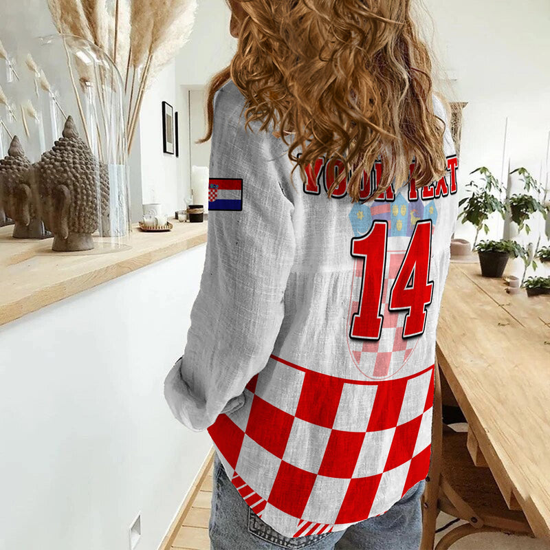 (Custom Text And Number) Croatia Football Hrvatska Checkerboard Red Version Women Casual Shirt