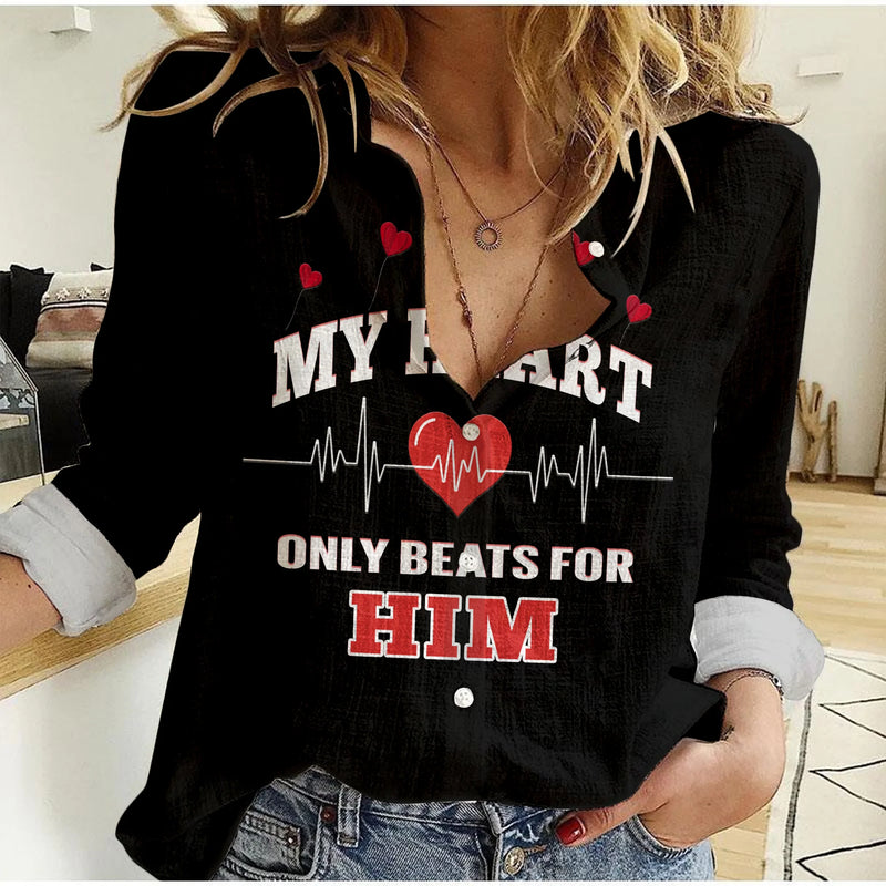 (Custom Personalised) American Valentines Day Shirt Black My Heart Only Beats For Him Women Casual Shirt