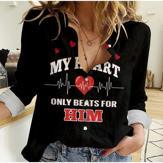 (Custom Personalised) American Valentines Day Shirt Black My Heart Only Beats For Him Women Casual Shirt