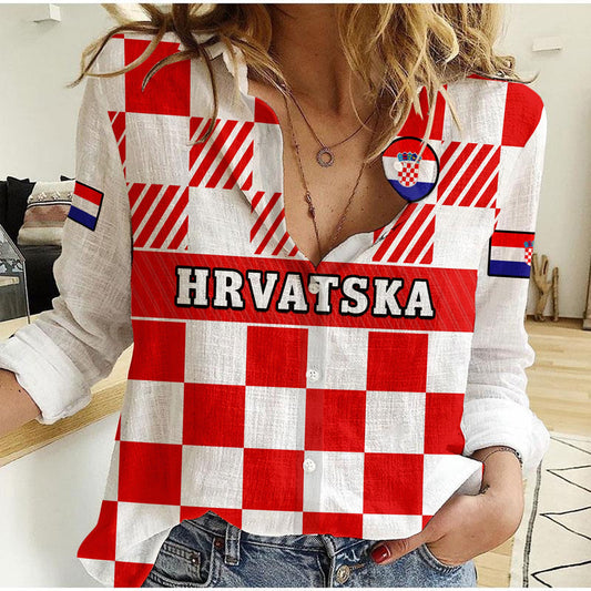 (Custom Text And Number) Croatia Football Hrvatska Checkerboard Red Version Women Casual Shirt