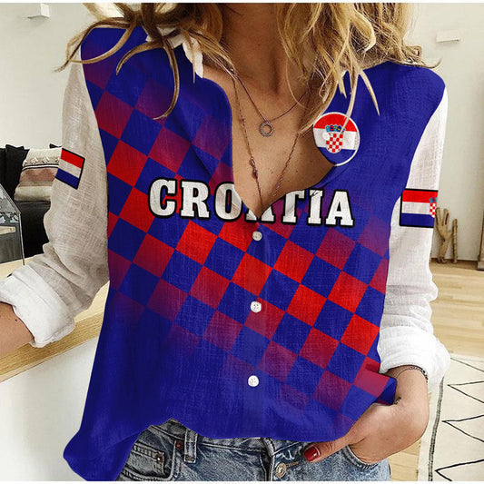(Custom Text And Number) Croatia Football Hrvatska Checkerboard Blue Version Women Casual Shirt