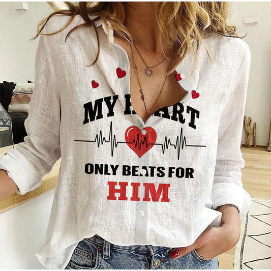 (Custom Personalised) American Valentines Day Shirt White My Heart Only Beats For Him Women Casual Shirt