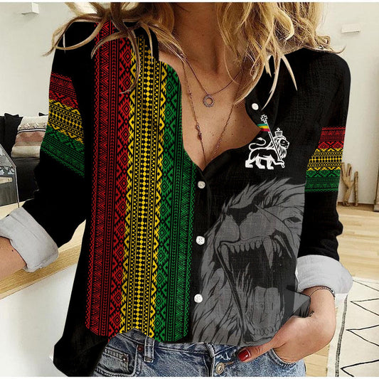 Ethiopia Patriot Day Amharic Letters Roaring Lion Women Casual Shirt