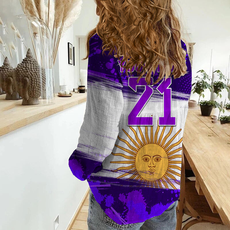 (Custom Personalised) Argentina Sol de Mayo La Albiceleste Flag Style Purple Women Casual Shirt