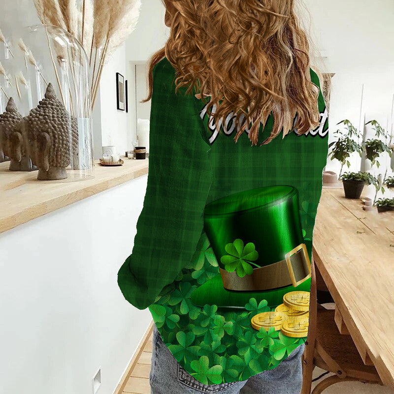 (Custom Personalised) St Patricks Day Green Leprechaun Hat With Clover Leaf No2 Women Casual Shirt