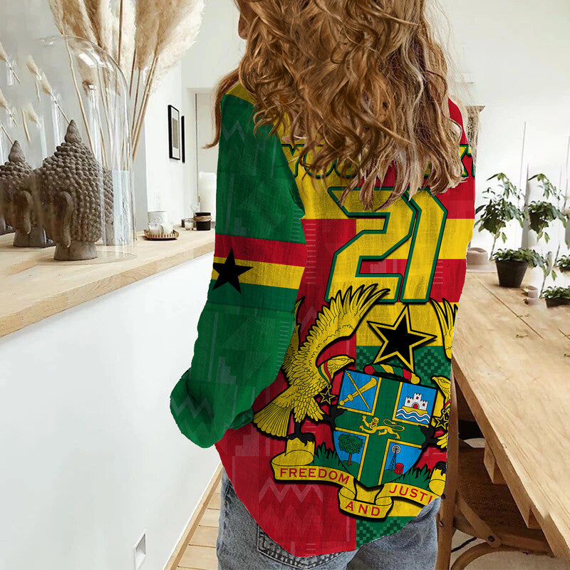 (Custom Personalised) Ghana Football Flag Color Mixed Kente Pattern Women Casual Shirt