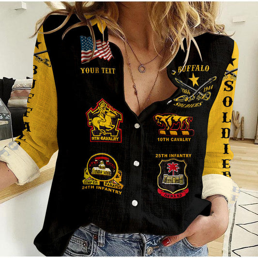 (Custom Personalised) Buffalo Soldiers Woman Casual Shirt African American Military Original Style - Black Gold