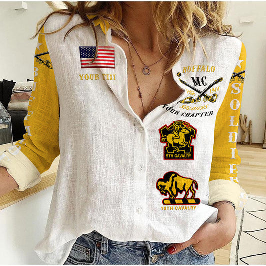 (Custom Personalised) Buffalo Soldiers Motorcycle Club BSMC Woman Casual Shirt Original Style - White Gold
