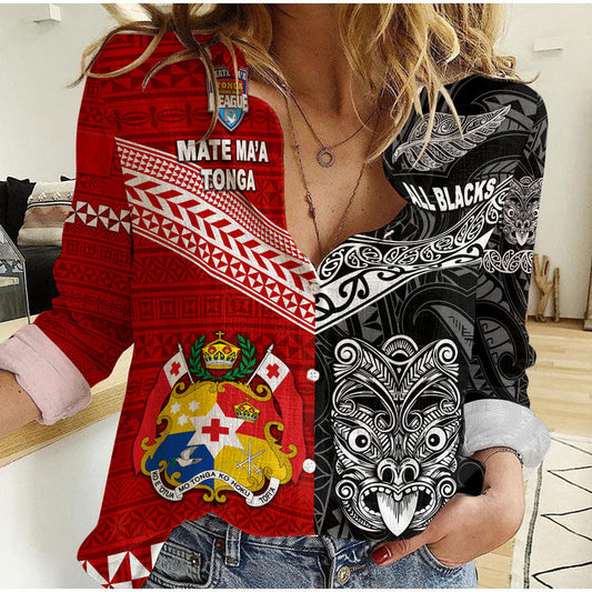 (Custom Personalised) Mate Ma&#39;a Tonga Ngatu And New Zealand Maori All Black Aboriginal Woman Casual Shirt Rugby Together