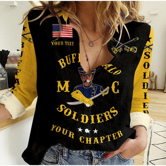 (Custom Personalised) Buffalo Soldiers Motorcycle Club BSMC Woman Casual Shirt Simple Style - Black Gold