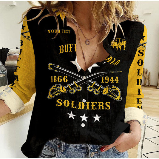 (Custom Personalised) Buffalo Soldiers Woman Casual Shirt African American Military Simple Style - Black Gold