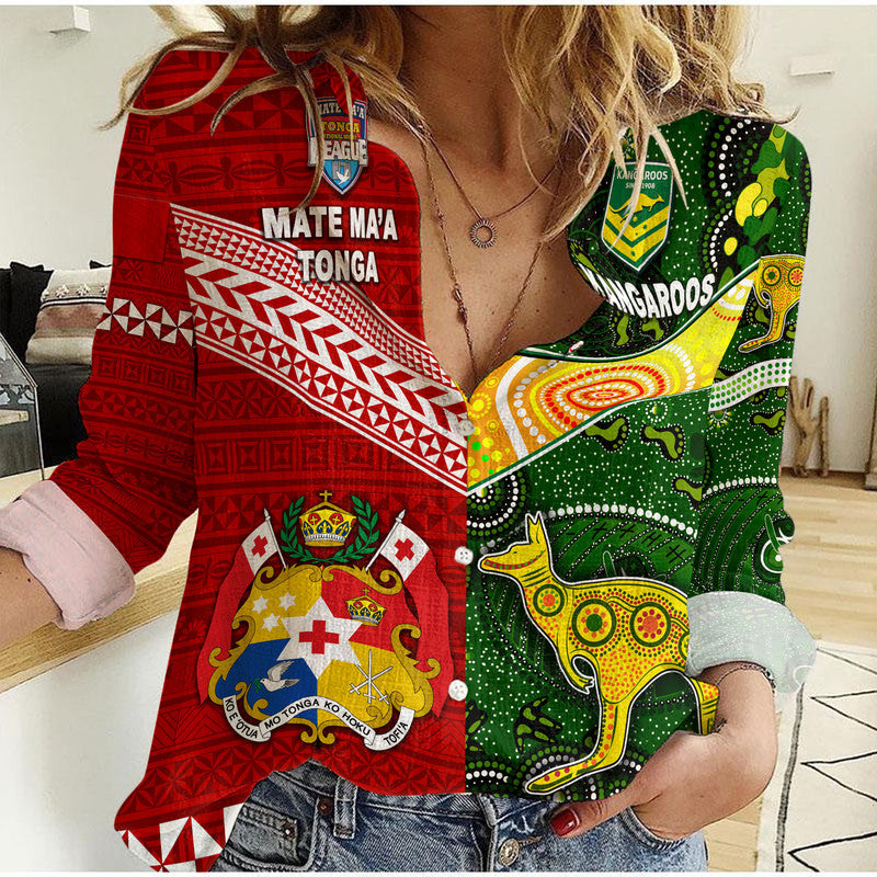 (Custom Personalised) Mate Ma&#39;a Tonga Ngatu And Australia Kangaroos Aboriginal Woman Casual Shirt Rugby Together