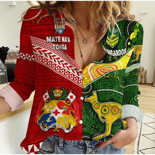 (Custom Personalised) Mate Ma&#39;a Tonga Ngatu And Australia Kangaroos Aboriginal Woman Casual Shirt Rugby Together