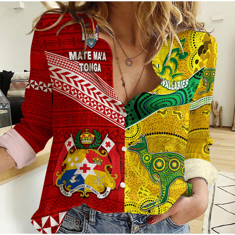 (Custom Personalised) Mate Ma&#39;a Tonga Ngatu And Australia Wallabies Aboriginal Woman Casual Shirt Rugby Together