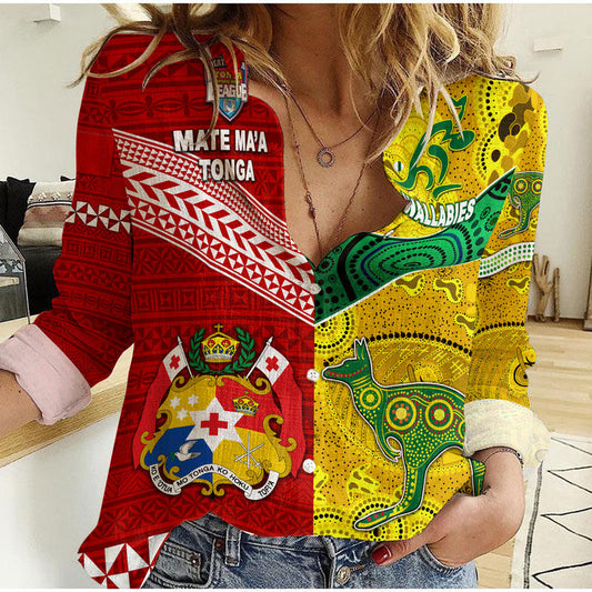 (Custom Personalised) Mate Ma&#39;a Tonga Ngatu And Australia Wallabies Aboriginal Woman Casual Shirt Rugby Together