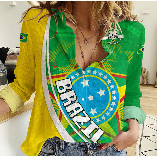 (Custom Personalised) Brazil Football Coat Of Arms Canarinha Champions World Cup 2022 Women Casual Shirt