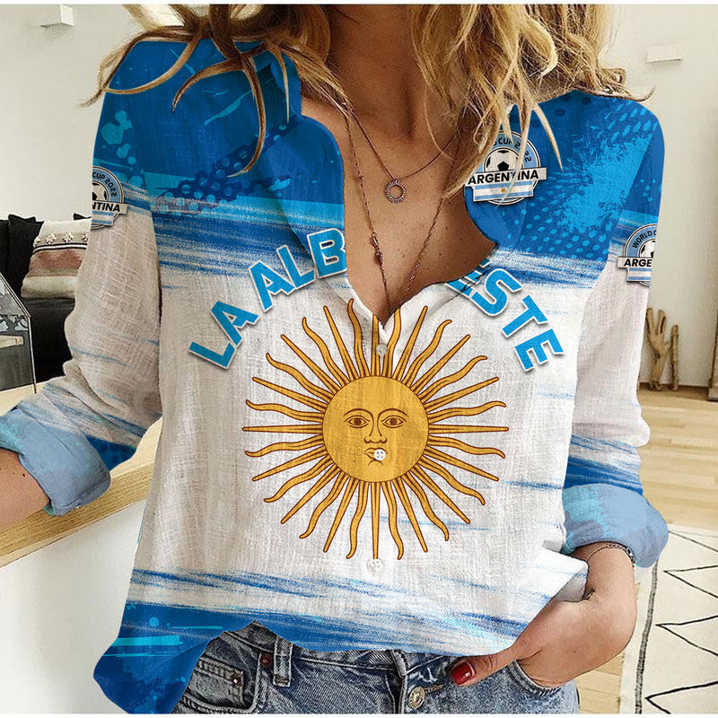 (Custom Personalised) Argentina Sol de Mayo La Albiceleste Flag Style Blue Women Casual Shirt