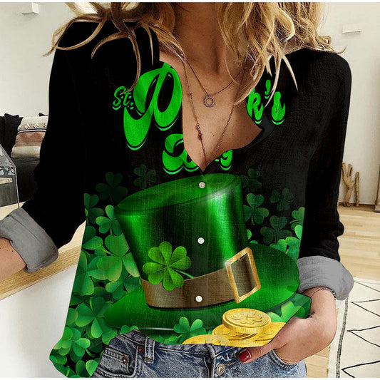 (Custom Personalised) St Patricks Day Green Leprechaun Hat With Clover Leaf Women Casual Shirt