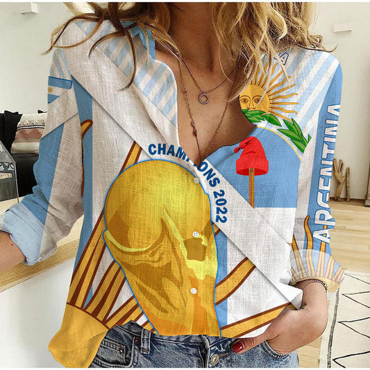 (Custom Personalised) Argentina Champions World Cup 2022 La Albiceleste Sol de Mayo Women Casual Shirt