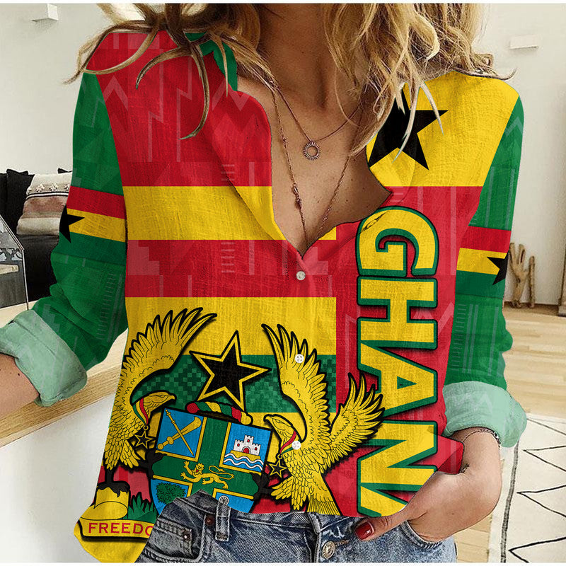 (Custom Personalised) Ghana Football Flag Color Mixed Kente Pattern Women Casual Shirt