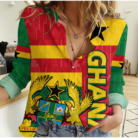 (Custom Personalised) Ghana Football Flag Color Mixed Kente Pattern Women Casual Shirt