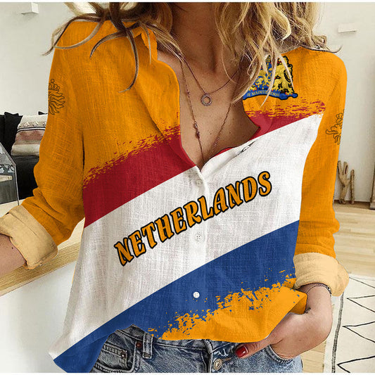 (Custom Personalised) Netherlands Football Flag Style Women Casual Shirt