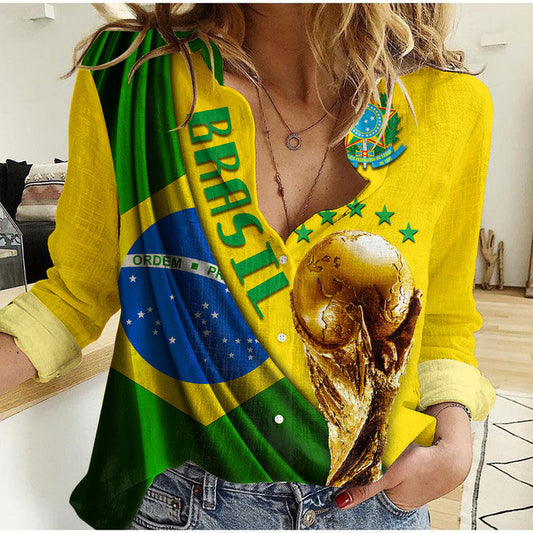 (Custom Personalised) Brasil Football Champions WC 2022 Women Casual Shirt