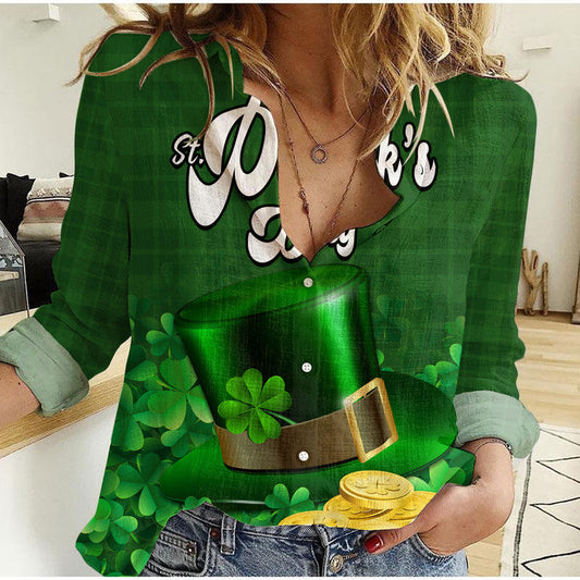 (Custom Personalised) St Patricks Day Green Leprechaun Hat With Clover Leaf No2 Women Casual Shirt