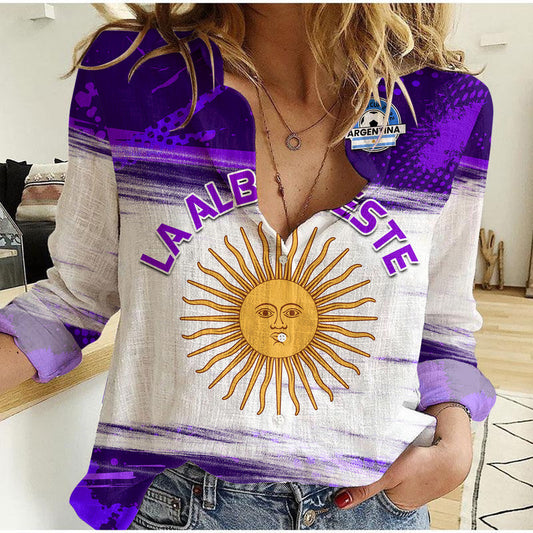(Custom Personalised) Argentina Sol de Mayo La Albiceleste Flag Style Purple Women Casual Shirt