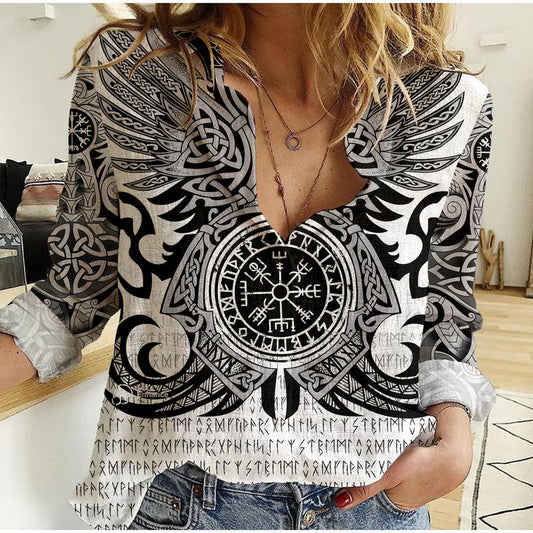 ( Custom Personalised) Viking Vegvisir Odin With Huginn And Munin - Women Casual Shirt