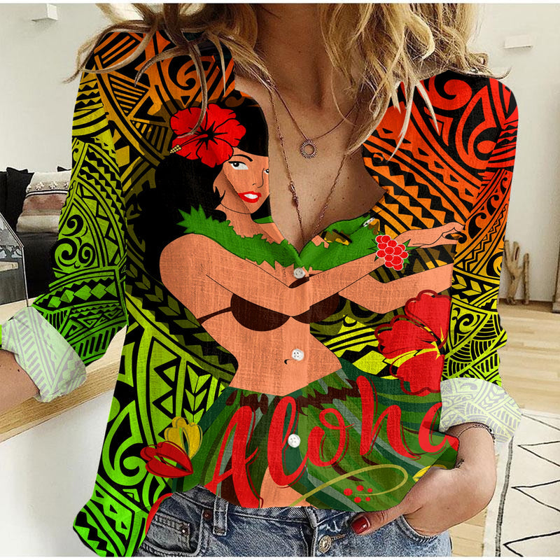 Custom Hawaii Hula Girl Reggae Women Casual Shirt