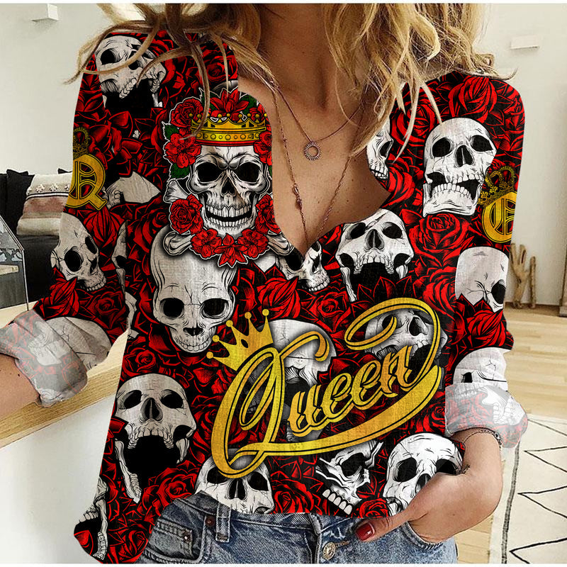 (Custom Personalised) Skull Rose Queen - Death Cannot Divide Us - Women Casual Shirt