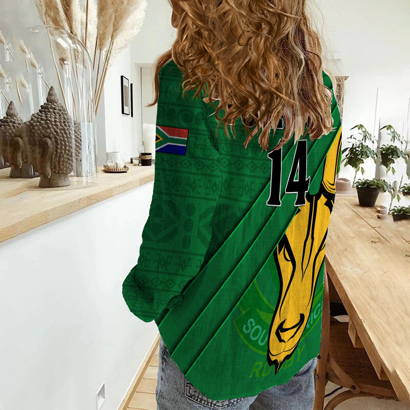 (Custom Text And Number) South Africa Rugby Bokke Springbok With African Pattern Stronger Together Women Casual Shirt