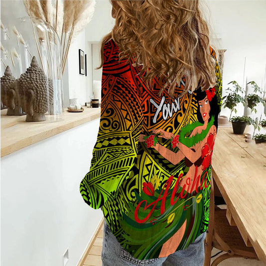 Custom Hawaii Hula Girl Reggae Women Casual Shirt