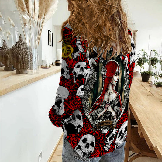 (Custom Personalised) Skull Rose Queen - Death Cannot Divide Us - Women Casual Shirt