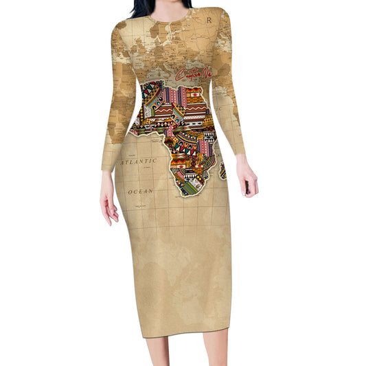 Africa On World Map Long Sleeve Bodycon Dress