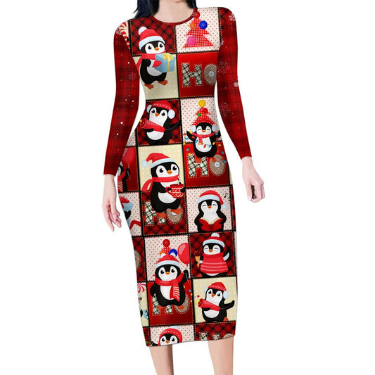 Cute Christmas Penguin Cozy Winter Ho Ho Ho Holiday Fun Long Sleeve Bodycon Dress