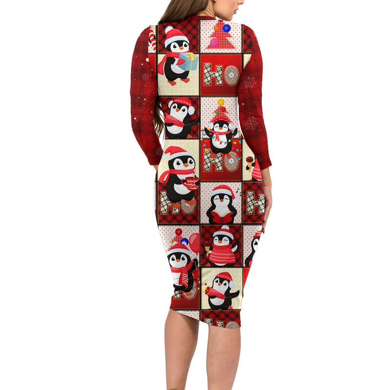 Cute Christmas Penguin Cozy Winter Ho Ho Ho Holiday Fun Long Sleeve Bodycon Dress
